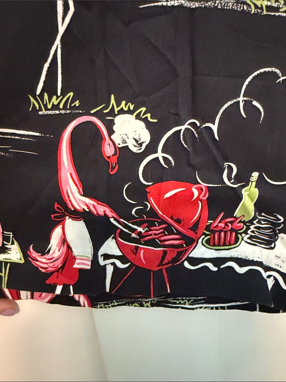 Vintage 90s Novelty Flamingo BBQ Cookout A-Line Skirt - Black with Pink Print - Picture 9 of 13